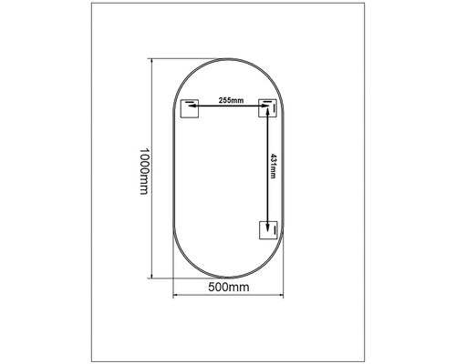 Technische Zeichnung eines Spiegels mit den Maßen 1000 mm Höhe und 500 mm Breite