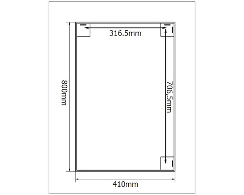 Technische Zeichnung mit Maßangaben für ein rechteckiges Produkt: 800 mm Höhe, 410 mm Breite, interne Maße von 316,5 mm und 706,5 mm.