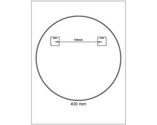 Technische Zeichnung eines runden Spiegels mit den Maßen 400 mm Durchmesser und 138 mm Abstand zwischen den Aufhängungen