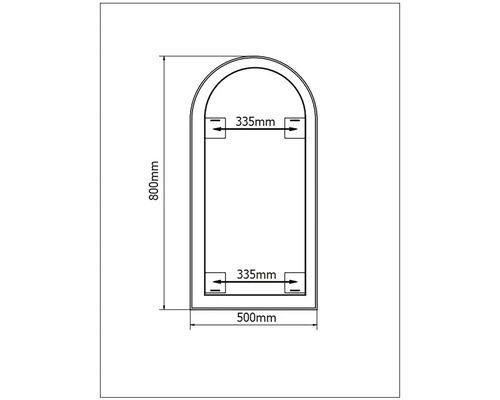 Technische Zeichnung eines Spiegels mit den Maßen 800 mm Höhe und 500 mm Breite