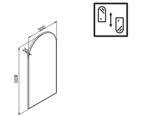 Technische Zeichnung eines Spiegels mit den Maßen 800 x 500 mm und einem Montagesymbol
