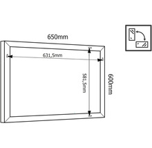 Technische Zeichnung eines Spiegels mit den Maßen 650 mm Breite und 600 mm Höhe.