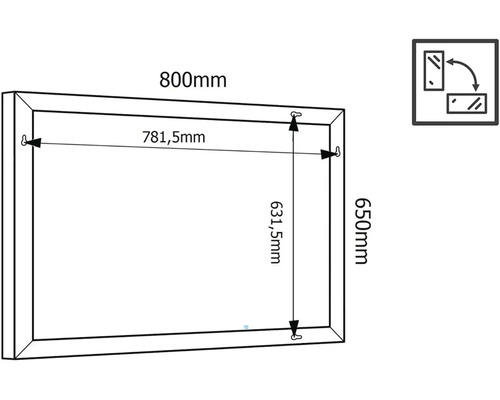 Technische Zeichnung eines Spiegels mit den Maßen 800 x 650 Millimeter