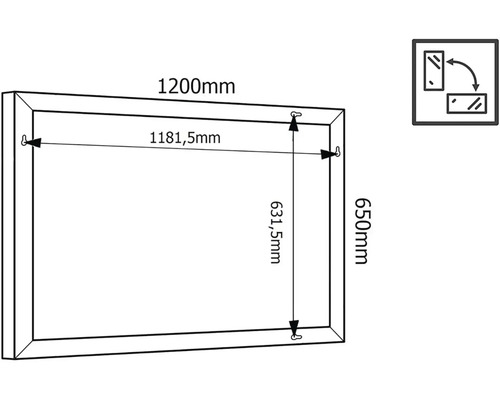 Technische Zeichnung eines Spiegels mit Maßangaben 1200 mm mal 650 mm