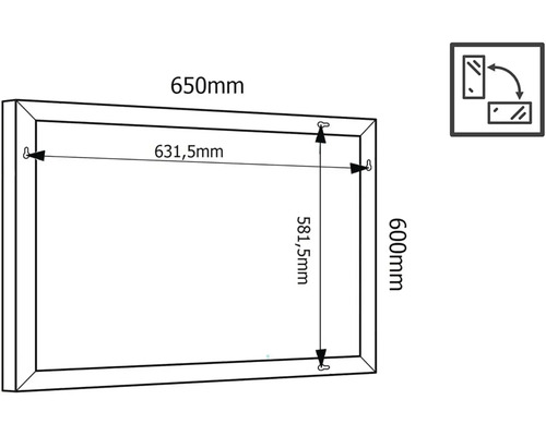 Technische Zeichnung eines Rechteckspiegels mit Maßangaben: 650 mm breit und 600 mm hoch.