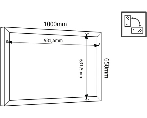 Maßzeichnung eines Spiegels mit einer Breite von 1000 Millimeter und einer Höhe von 650 Millimeter