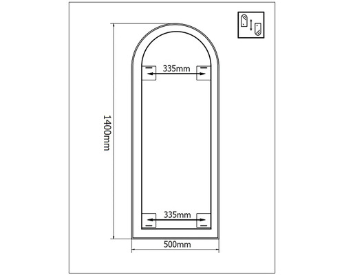 Technische Zeichnung eines Spiegels mit Maßen 1400 mm Höhe und 500 mm Breite