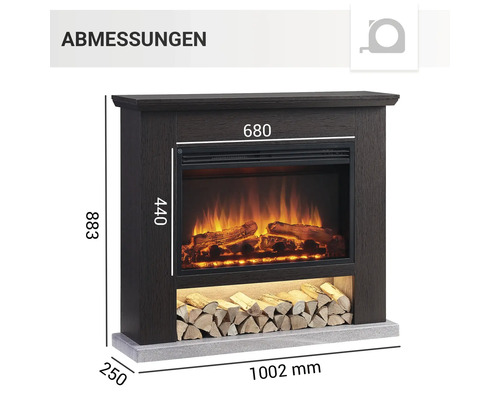 Abmessungen eines Elektrokamins mit Holzablage.
