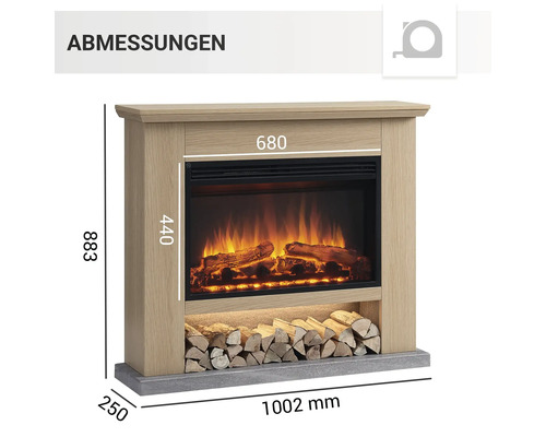 Abmessungen eines Elektrokamins mit Holzscheitablage