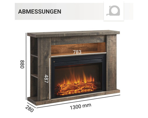 Abmessungen des Elektrokamins mit Regalen