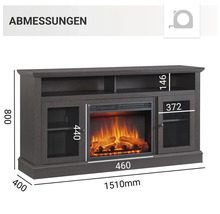 Abmessungen eines Kaminkonsolen-Möbelstücks mit den Maßen 1510 mm Breite, 800 mm Höhe, 400 mm Tiefe sowie Details zu einzelnen Fächern und der Kaminkassette
