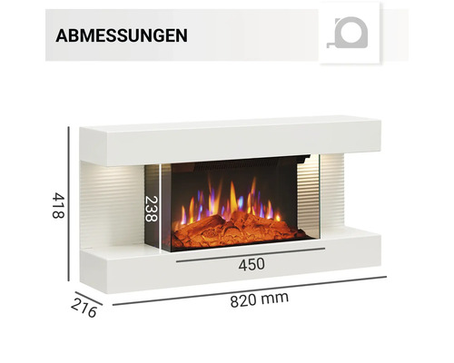 Abmessungen des weißen Elektrokamins mit simuliertem Flammeneffekt und Holzscheiten