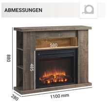 Abmessungen eines Elektrokamins mit Holzdekor und seitlichen Regalen