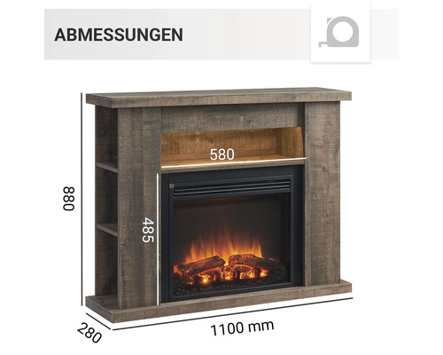 Abmessungen eines Elektrokamins mit Holzdekor und seitlichen Regalen