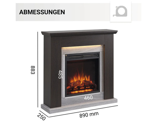 Abmessungen eines Elektrokamins mit Holzdekor und Steineinfassung