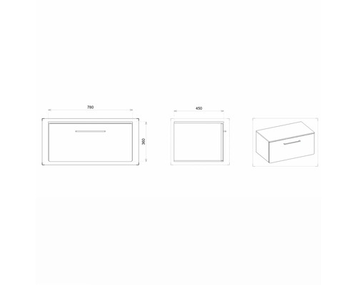 Technische Zeichnung eines Waschtischunterschranks mit Maßangaben