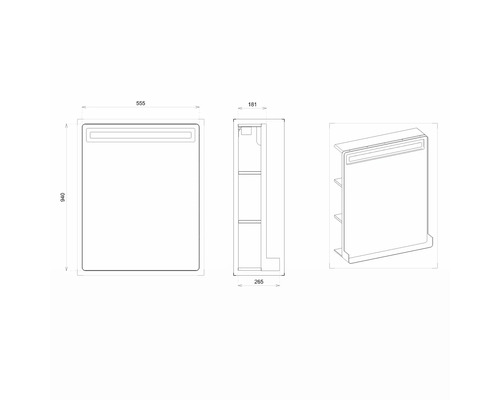 Technische Zeichnung eines Spiegelschranks mit den Maßen 555 x 940 x 265 mm