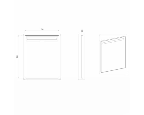 Technische Zeichnung eines Spiegels mit den Maßen 755 x 940 x 35 Millimeter.