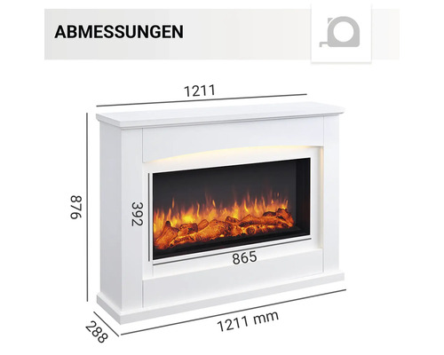 Abmessungen eines weißen Elektrokamins