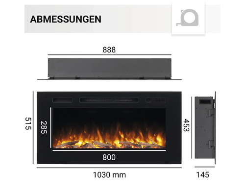 Abmessungen eines elektrischen Kamins mit den Massangaben in Millimeter.