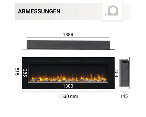 Abbildung der Abmessungen eines Elektrokamins