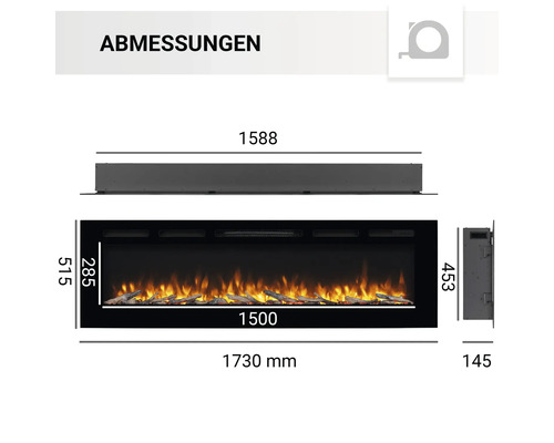 Abmessungen eines elektrischen Kamins mit den Maßangaben in Millimetern.