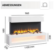Abmessungen eines elektrischen Kamins mit simulierten Flammen und Dekorationselementen