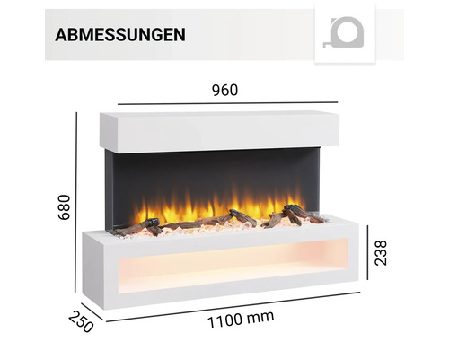 Abmessungen eines elektrischen Kamins mit simulierten Flammen und Dekorationselementen