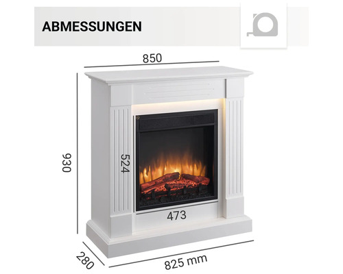 Abmessungen des weißen Elektrokamins