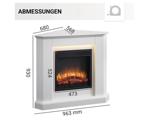 Abmessungen eines weißen Eckkamins mit elektrischem Einsatz