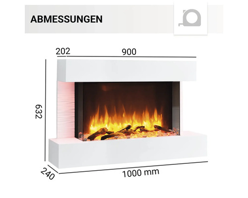 Abmessungen eines Elektrokamins mit simulierten Flammen und Holzscheiten