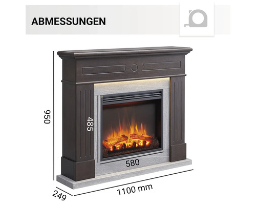 Abmessungen eines Elektrokamins mit braunem Holzrahmen und simuliertem Feuer