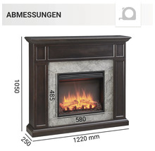 Abmessungen eines Elektrokamins mit Holzrahmen und simuliertem Feuer