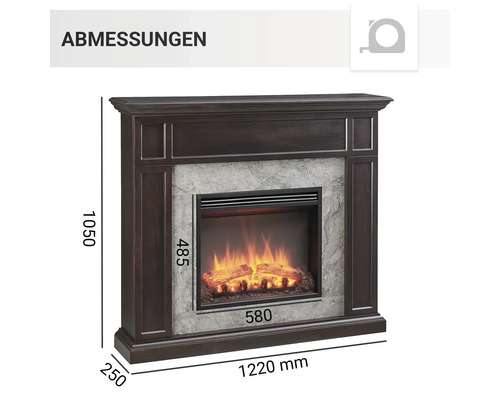 Abmessungen eines Elektrokamins mit Holzrahmen und simuliertem Feuer