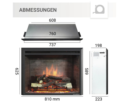 Abmessungen eines Elektrokamins mit simuliertem Feuer