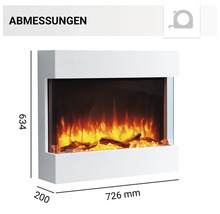 Abmessungen des Elektrokamins in Weiß mit den Maßen 634 x 726 x 200 Millimeter
