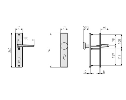 Technische Zeichnung eines Türbeschlags mit Maßangaben