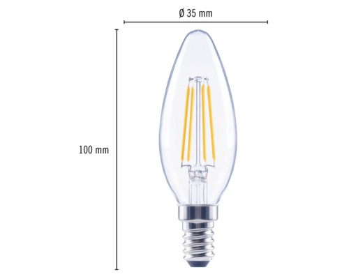 Klare LED Lampe in Kerzenform mit E14 Sockel, Durchmesser 35 Millimeter, Höhe 100 Millimeter