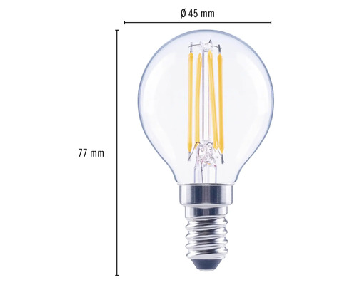 Klare LED Lampe mit E14 Sockel, 45 mm Durchmesser und 77 mm Höhe
