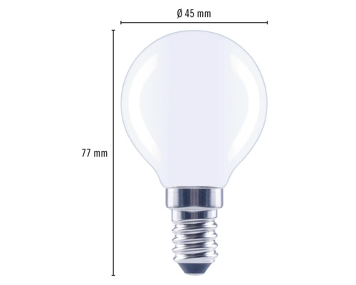 G45 LED Lampe mit E14 Sockel, circa 45 Millimeter Durchmesser und 77 Millimeter Länge