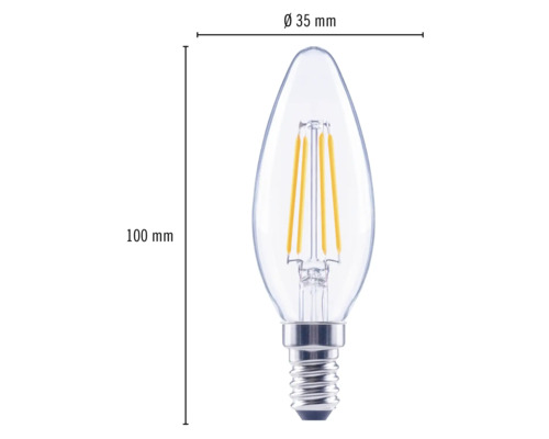 LED Leuchtmittel in Tropfenform mit E14 Fassung, Abmessungen 100 mm x 35 mm