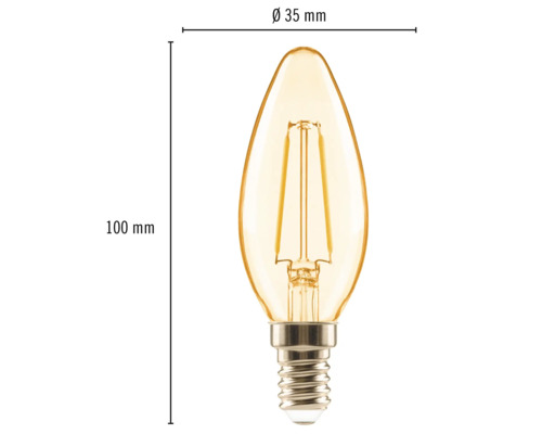Abmessungen einer LED Leuchte in Tropfenform mit E14 Gewinde, 100 mm Höhe und 35 mm Durchmesser