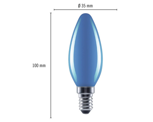 Blaue Glühbirne in Tropfenform mit den Maßen 35 mm Durchmesser und 100 mm Länge