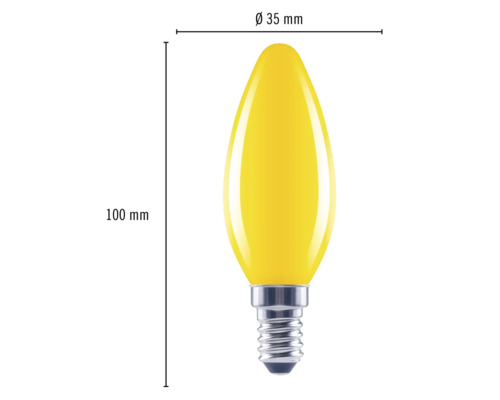 Gelbe Kerzenlampe mit E14 Fassung und den Maßen 35 mm Durchmesser und 100 mm Länge.