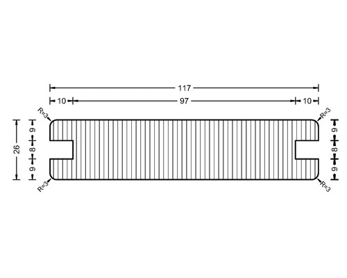 Technische Zeichnung eines Holzprofils mit Maßen.
