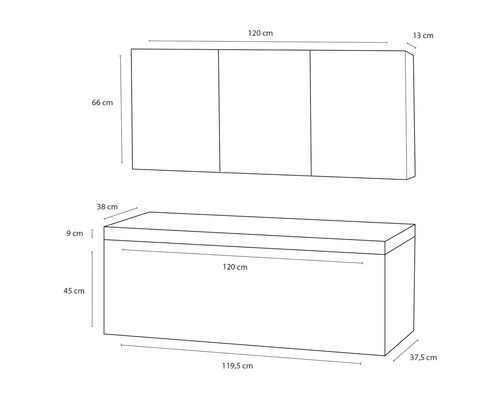 Dimensionsdarstellung eines Wandschranks und einer Aufbewahrungsbox