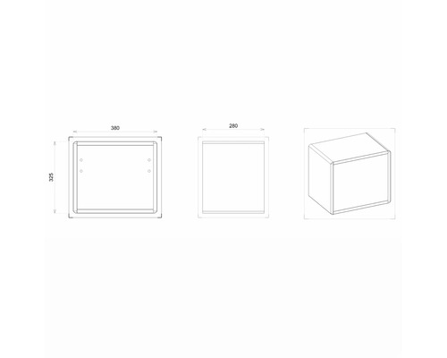 Technische Zeichnung eines Wandeinbaustrahlergehäuses mit Maßangaben