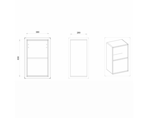 Technische Zeichnung eines Badezimmer-Hängeschranks mit Maßangaben.