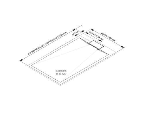 Technische Zeichnung einer Duschwanne mit Maßangaben.