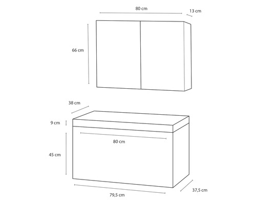 Technische Zeichnung eines Badezimmerschranks mit den Maßen 80 cm breit, 66 cm hoch und 13 cm tief sowie eines Waschtischunterschranks mit den Maßen 79,5 cm breit, 45 cm hoch und 37,5 cm tief.